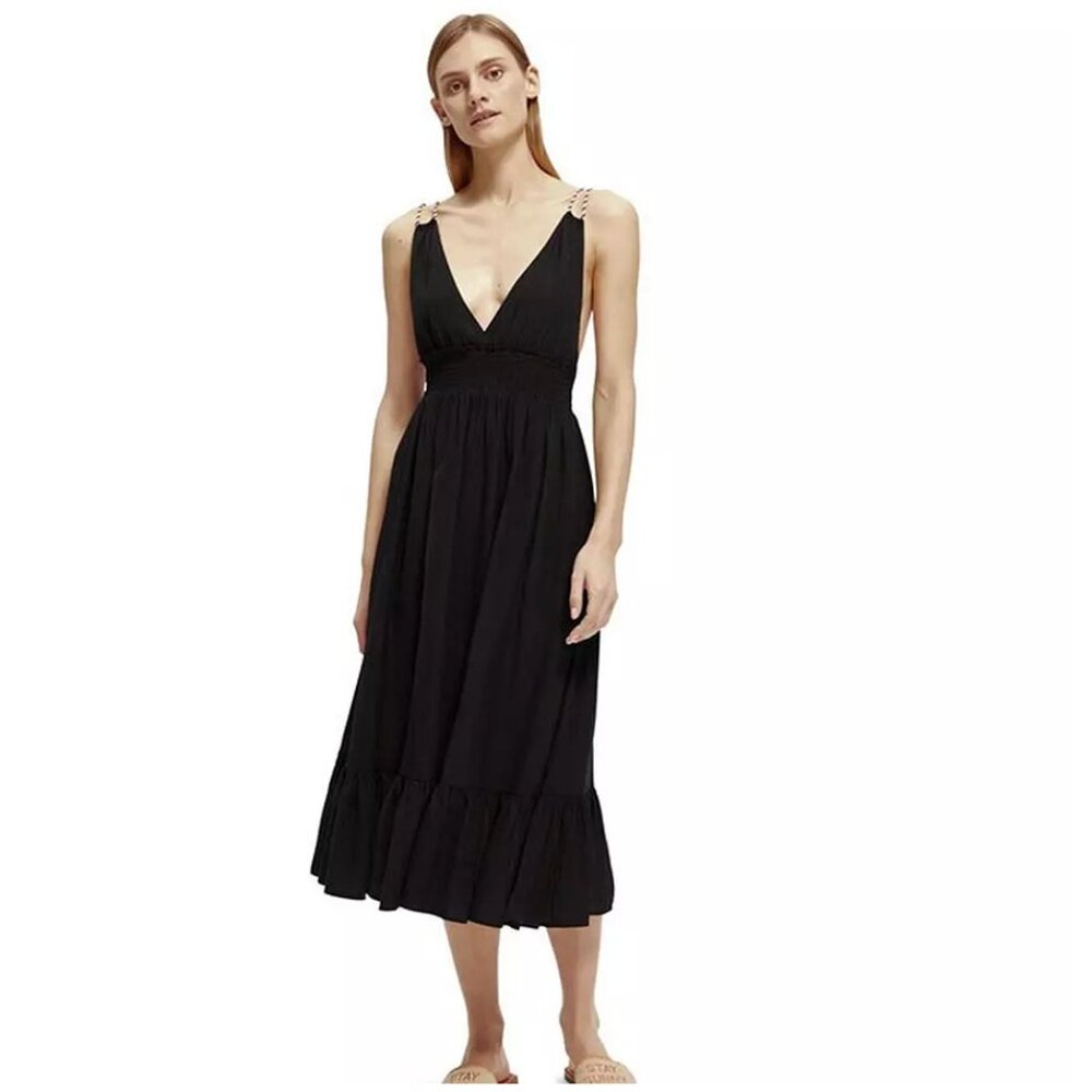 Scotch & Soda Black Smocked Seersucker Midi Dress Strappy Size 12